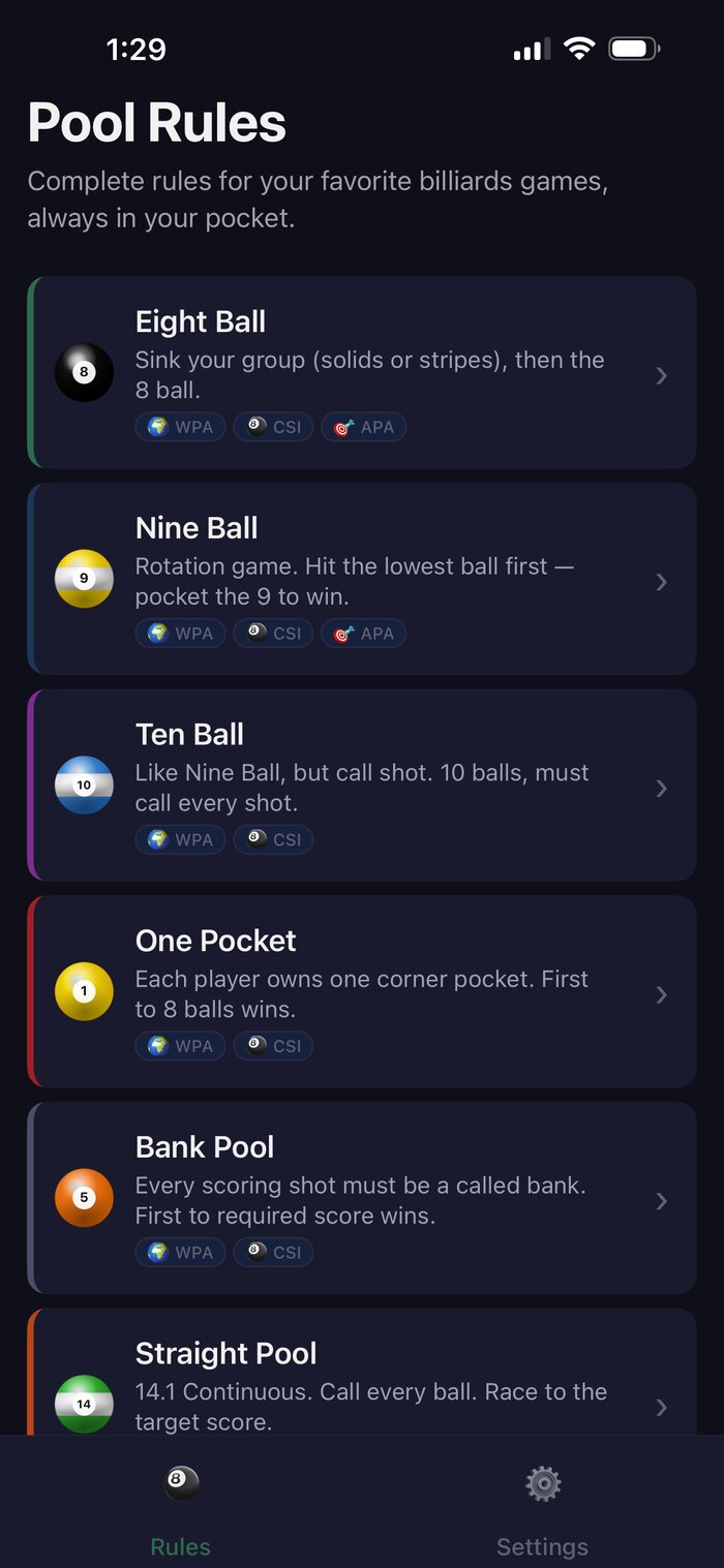 Pool Rules app showing the list of supported billiards games