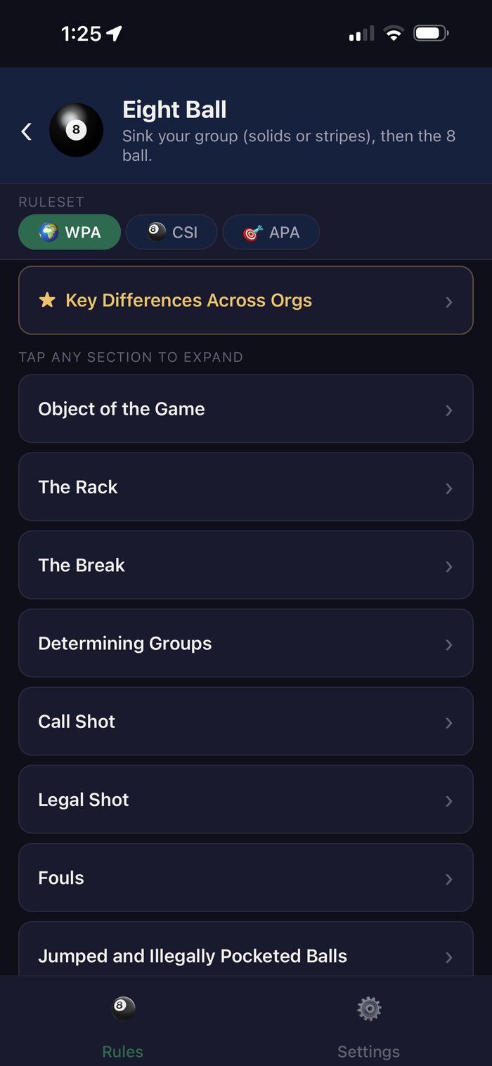 Pool Rules app showing rule sections for a game