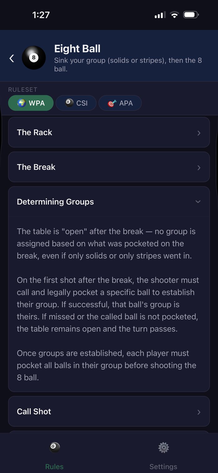 Pool Rules app showing detailed rule text