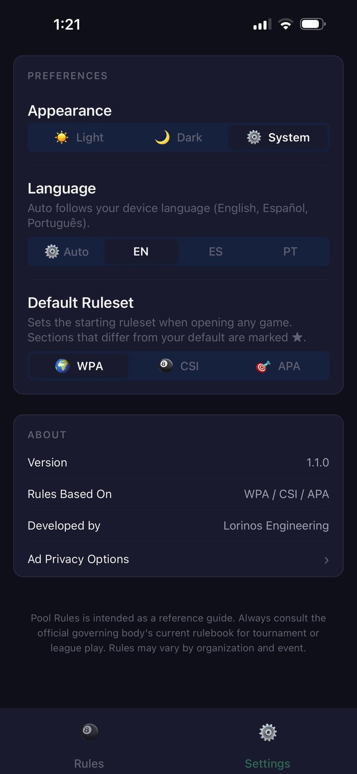 Pool Rules app Settings screen with language selection