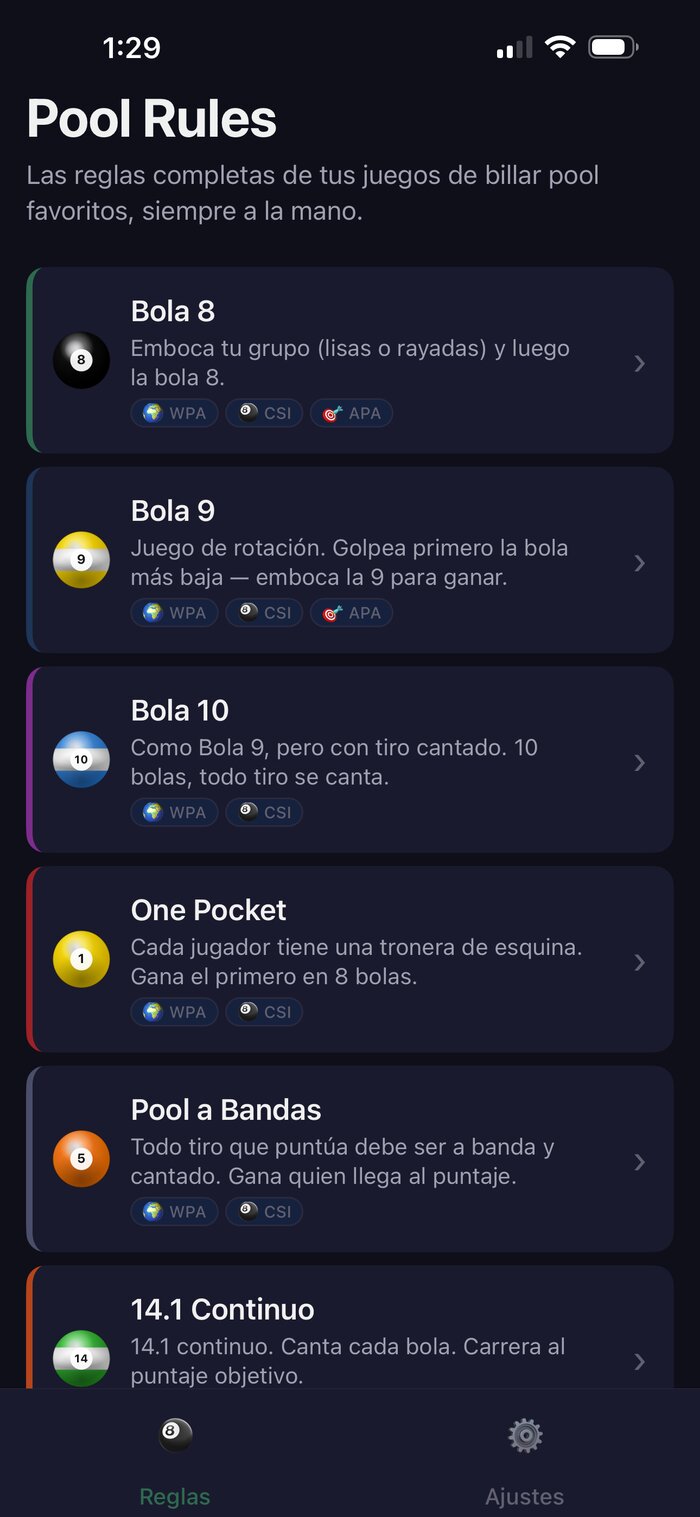 App Pool Rules mostrando la lista de juegos de billar disponibles