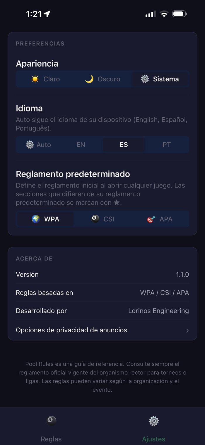 Pantalla de Ajustes de Pool Rules con selección de idioma