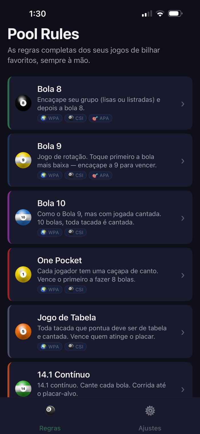 App Pool Rules mostrando a lista de jogos de bilhar disponíveis