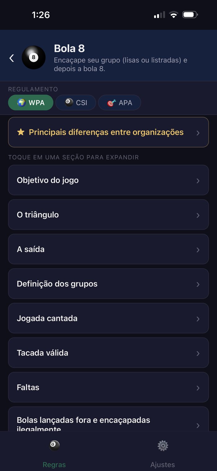 App Pool Rules mostrando as seções de regras de um jogo
