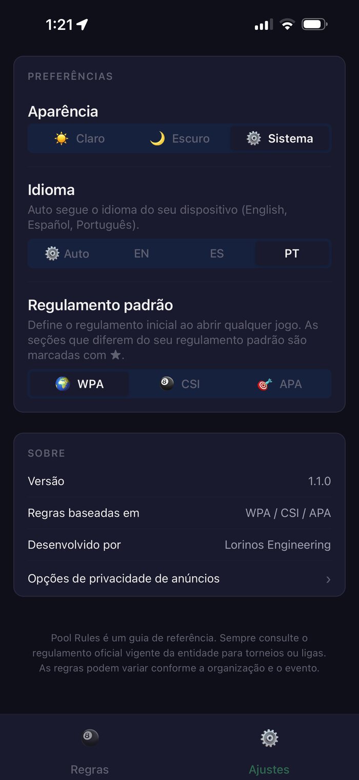 Tela de Ajustes do Pool Rules com seleção de idioma